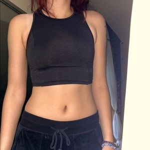 SOLD black high neck cropped workout top with keyhole back